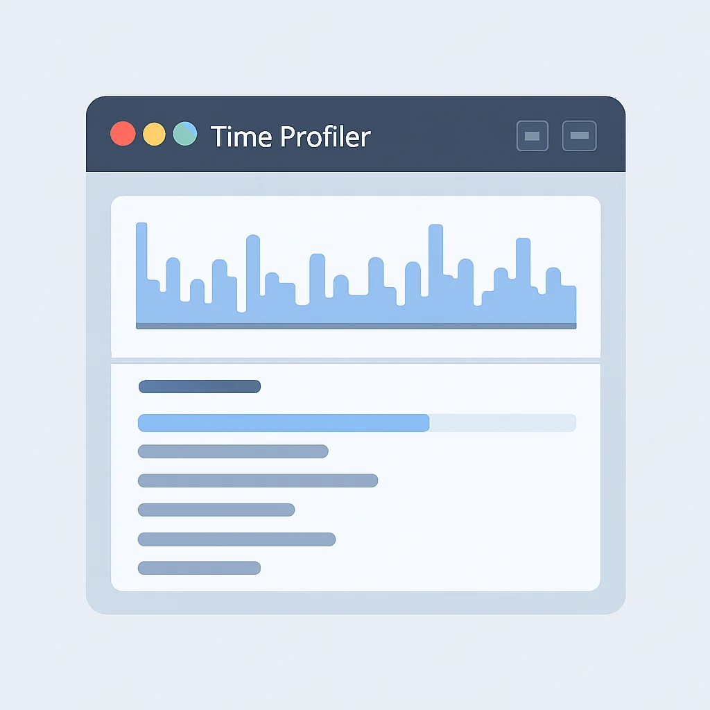 Interfaz de usuario de Xcode Instruments mostrando resultados del Time Profiler con pila de llamadas