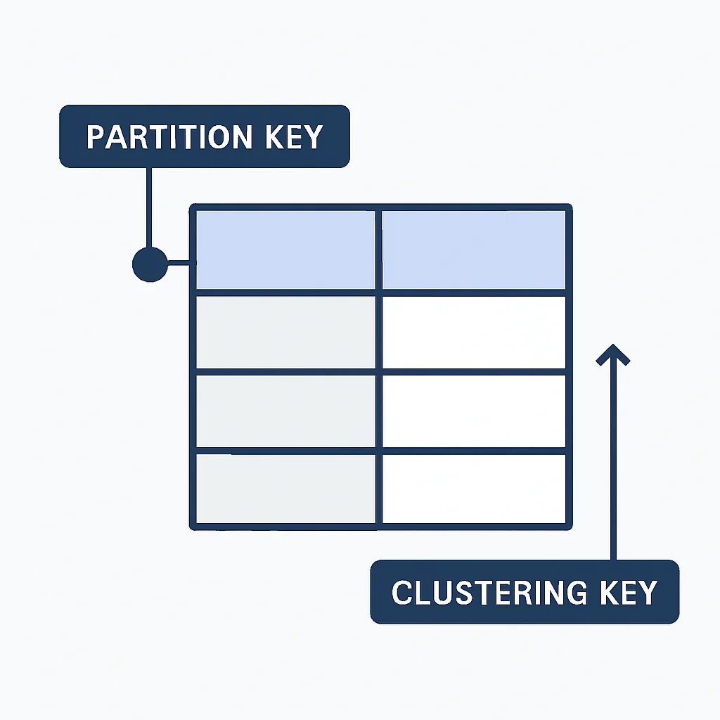 Ejemplo de modelo de datos de Cassandra mostrando clave de partición y clave de agrupamiento