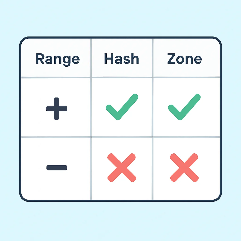Tabla comparativa de estrategias de sharding (rango, hash, zonas) y sus ventajas/desventajas